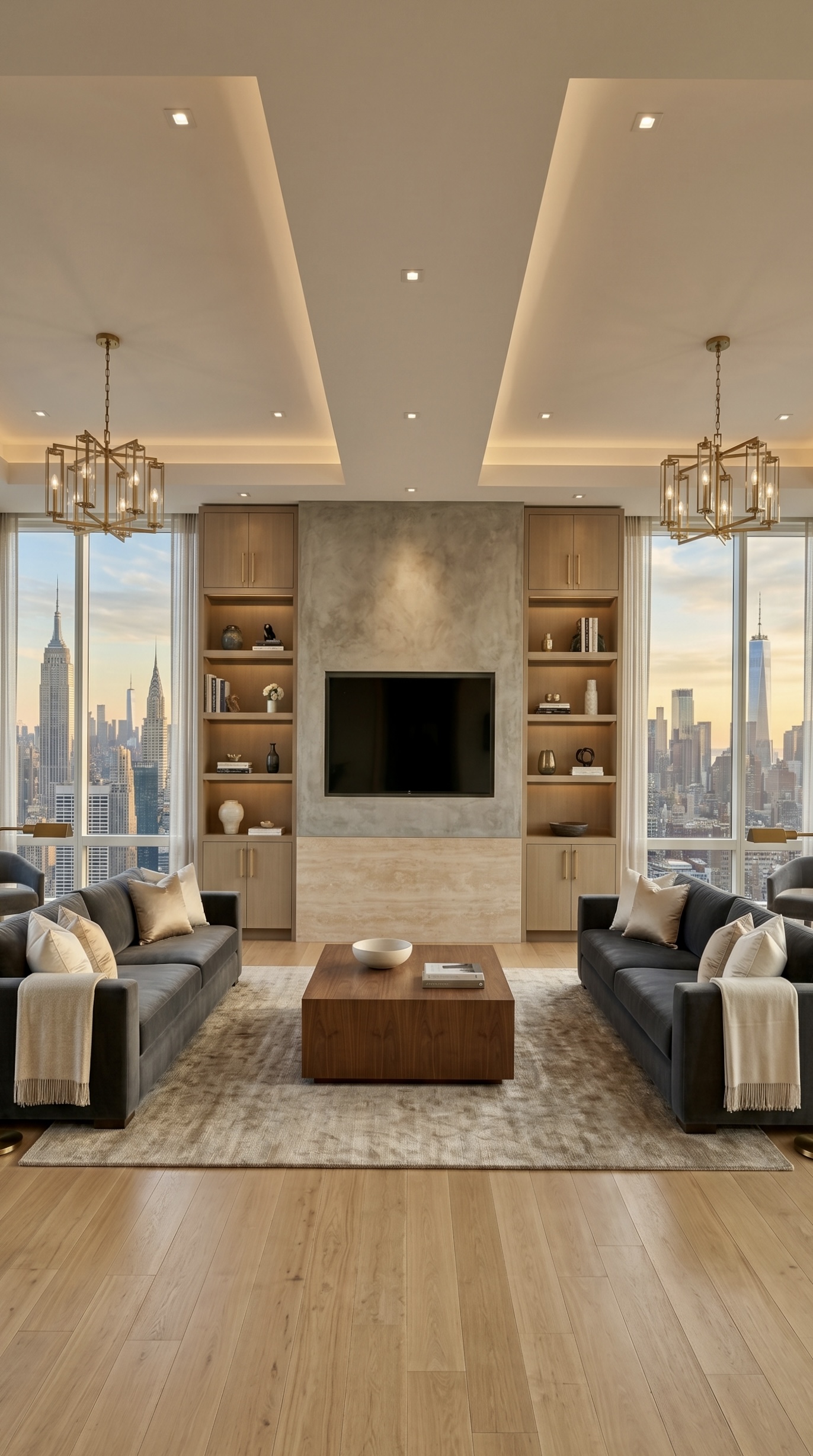 Luxury Manhattan living room interior designed and built by Grandeur Hills Group, an NYC general contractor and design-build firm