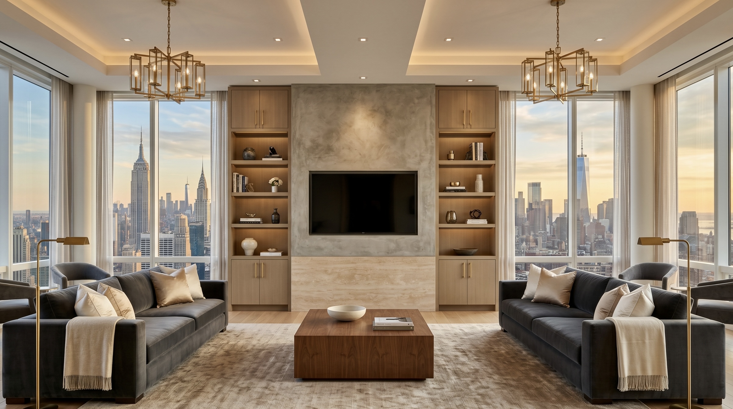 Luxury Manhattan living room interior designed and built by Grandeur Hills Group, an NYC general contractor and design-build firm