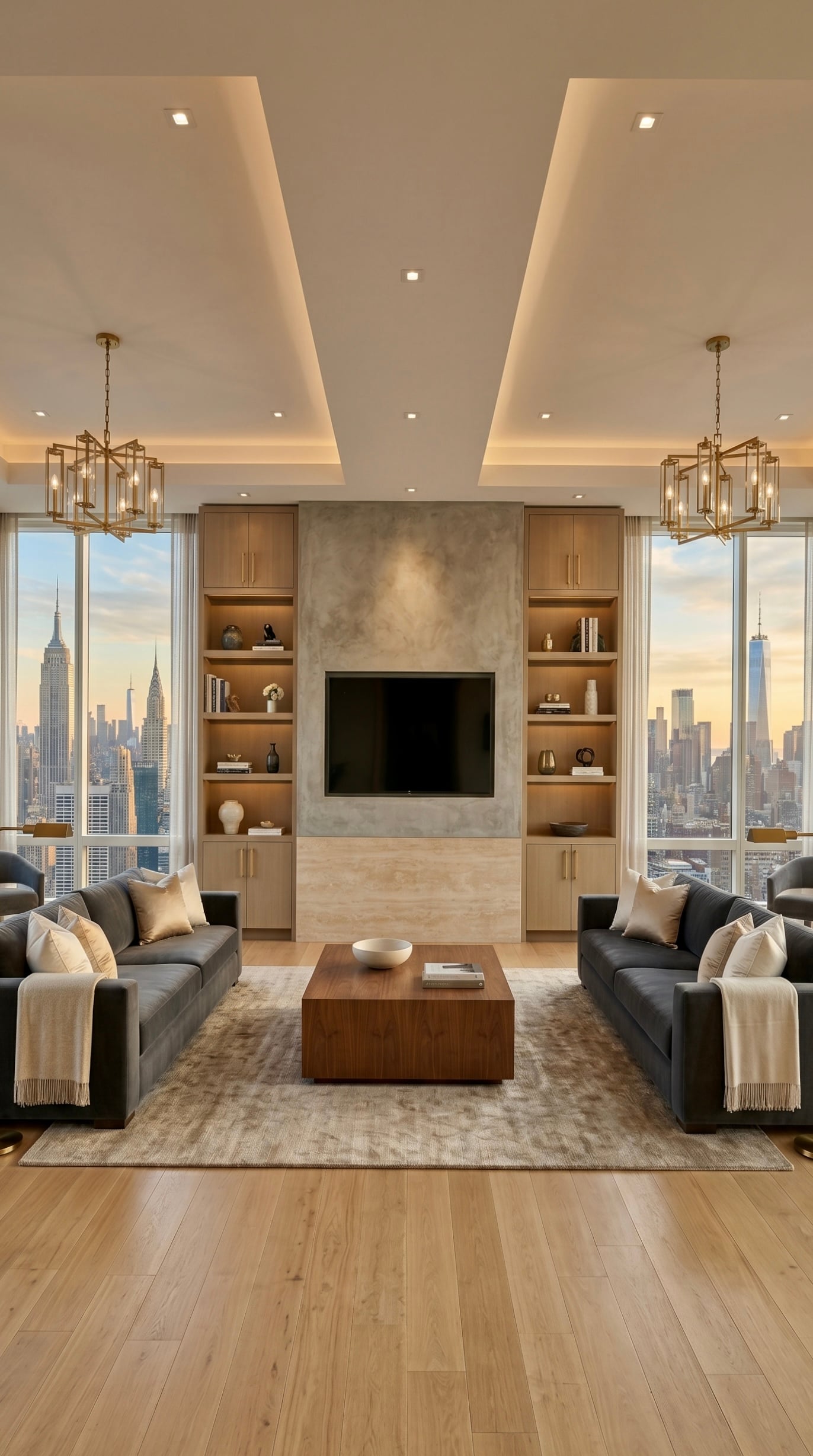 Luxury Manhattan living room interior designed and built by Grandeur Hills Group, an NYC general contractor and design-build firm