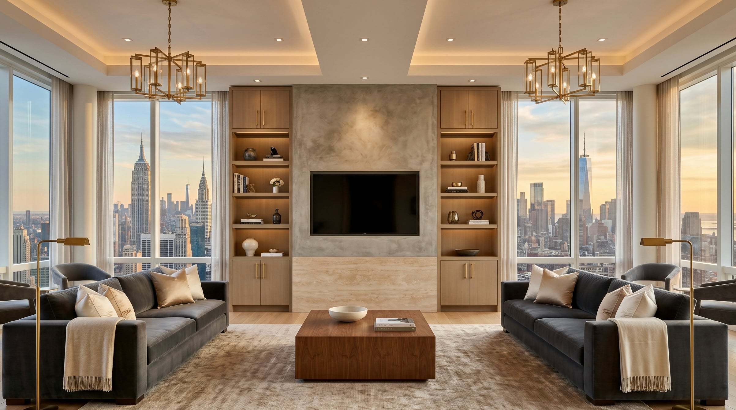 Luxury Manhattan living room interior designed and built by Grandeur Hills Group, an NYC general contractor and design-build firm